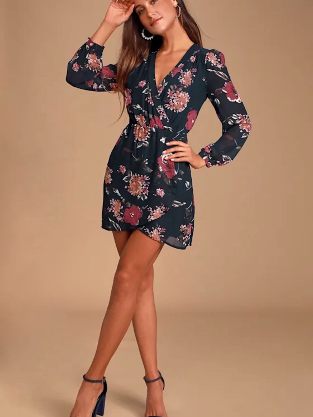 Lulu's Navy Floral Wrap Tunic Dress with Coral and Pink Blooms